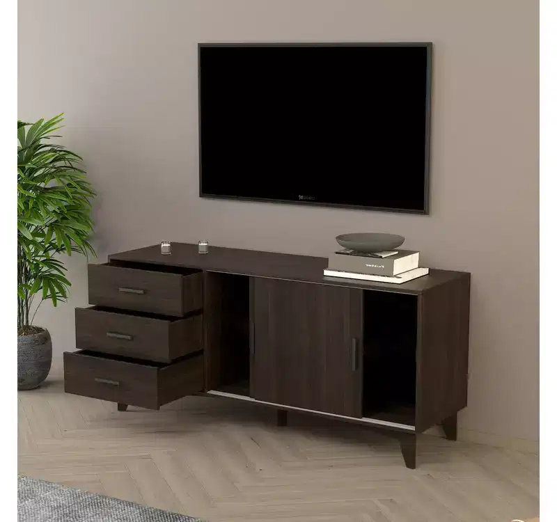 HomeStock Parker TV Stand with Sliding Doors and Drawers in Dark Brown