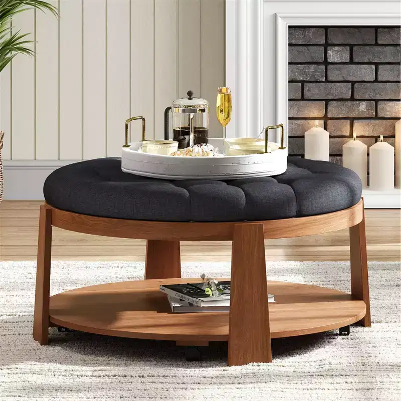 TUYOHW 2-Tier Ottoman Coffee Table for Living Room,36 Linen Accent Cocktail Table,Oversized Button Tufted Ottoman with Rubberwood Base