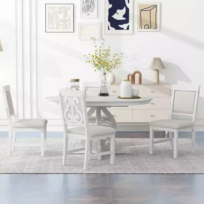 Whisen Retro 5 Piece Extendable Dining Set with 16-inch Leaf and 4 Upholstered Chairs
