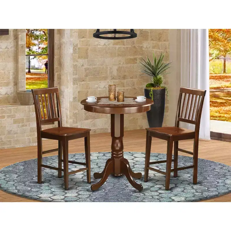 Round Pub Table Set, Mahogany/White, Seats 2, 3-Piece