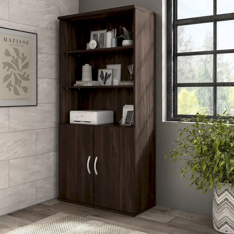 Tall 5-Shelf Bookcase with Cabinet Doors – Adjustable Shelves, Wall Anchor