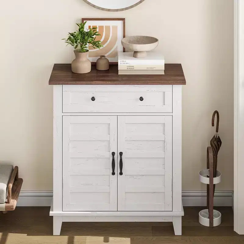 Hardwood Storage Cabinet with Slatted Doors, 3 Adjustable Shelves and 1 Drawer, 36