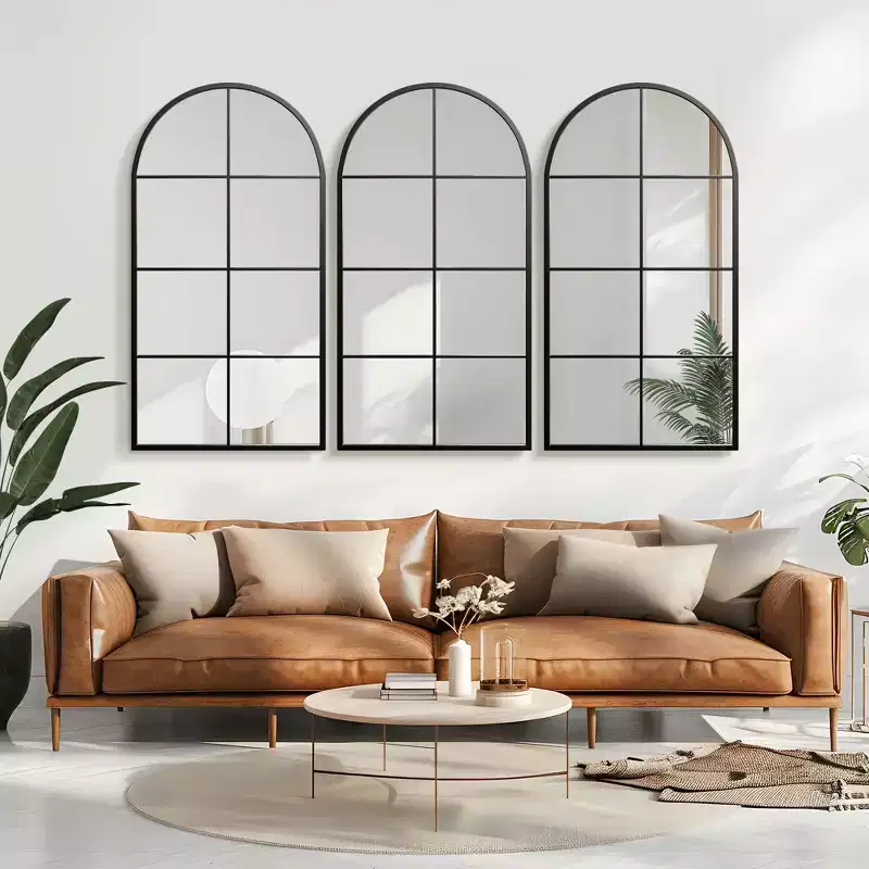 55 In.H X 28 In.W Iron Right Angled Arched Black Window Frame With Hanging Mirror