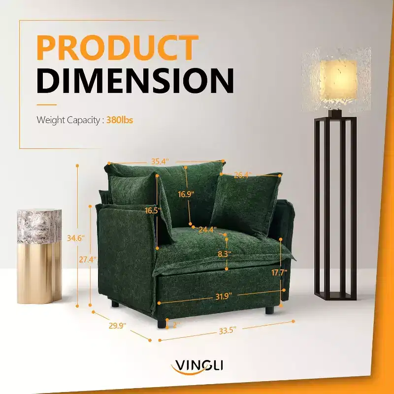 Accent Chairs, Green 34 Width Oversized Reading Chair Upholstered Armchair Soft Chenille Fabric Living Room Chairs Sofa