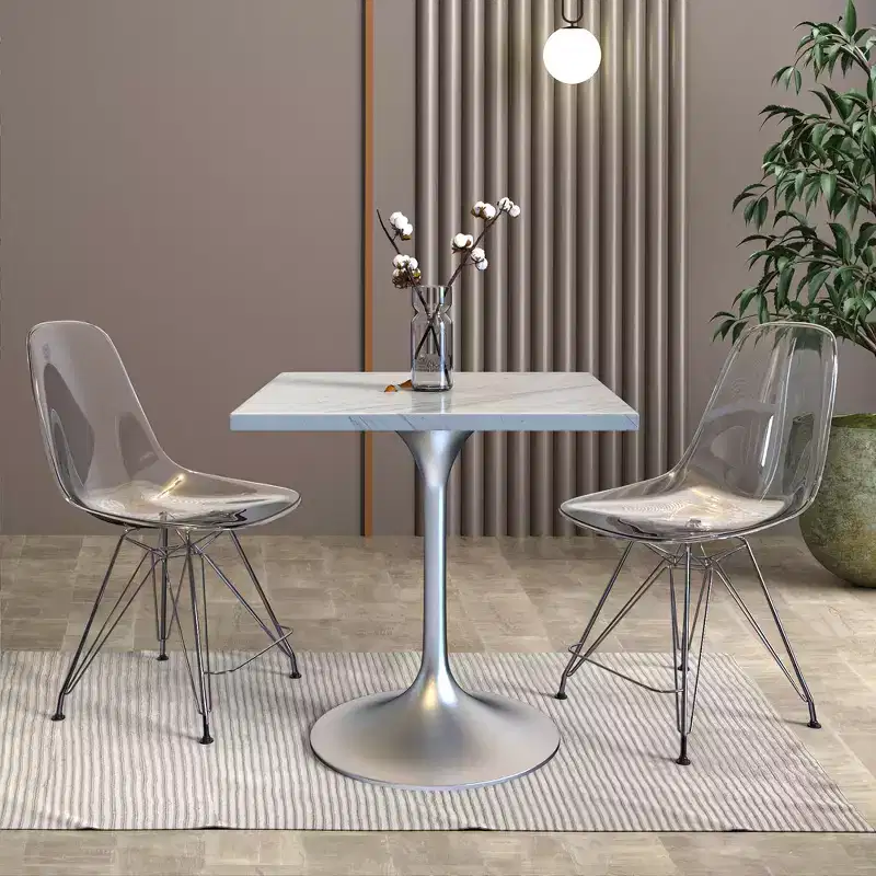LeisureMod Verve 27 Square Dining Table - Modern Resin Top with Brushed Chrome Pedestal Base Accent Side Table for Contemporary Kitchen and Home