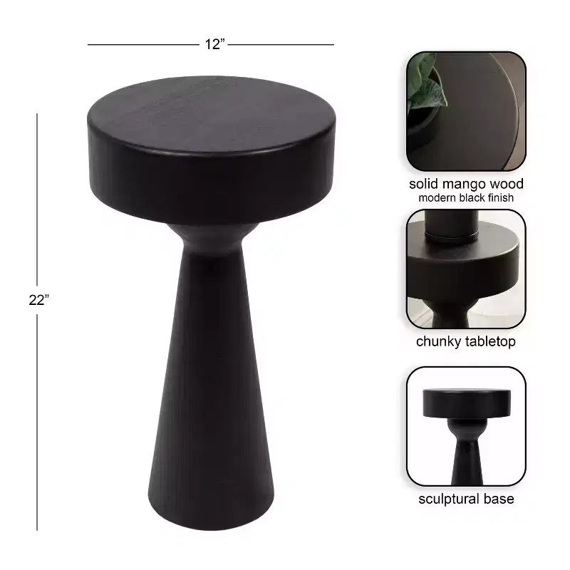 Sculptural Wood Side Table, Black, 12x12x22