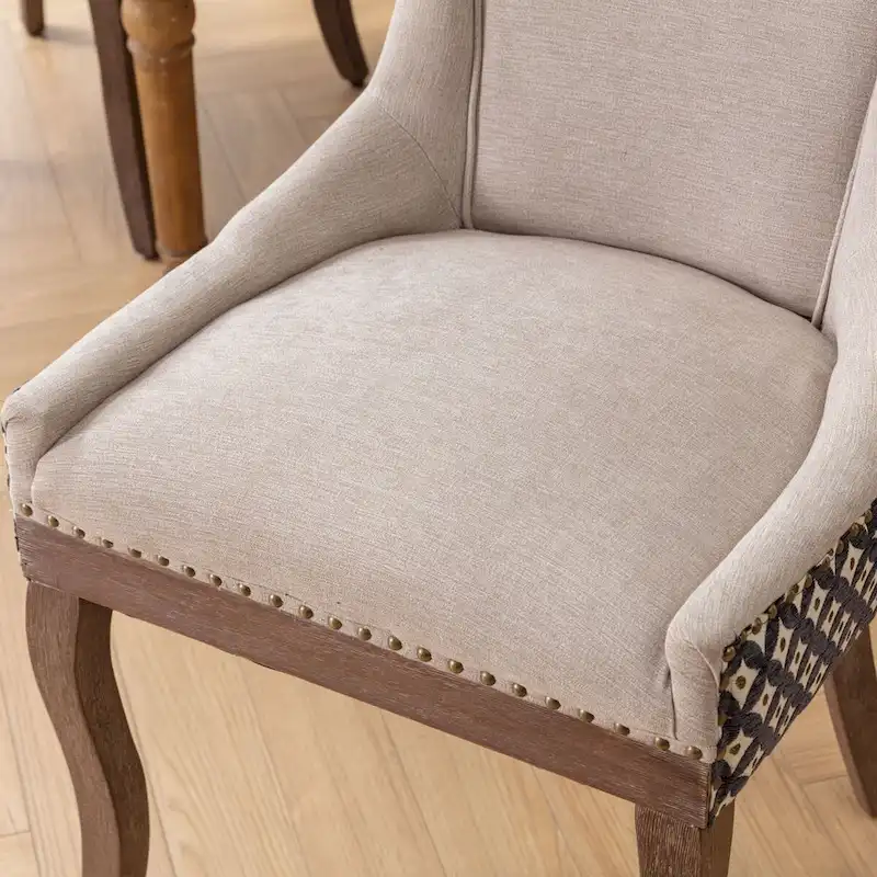 Ultra Side Dining Chair, Thickened fabric chairs with neutrally toned solid wood legs, Bronze nail head, Set of 2