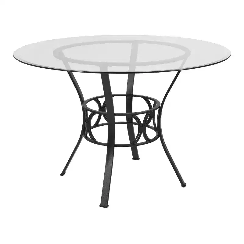 45-Inch Round Glass Dining Table, Black Metal Pedestal Base, Seats up to 5