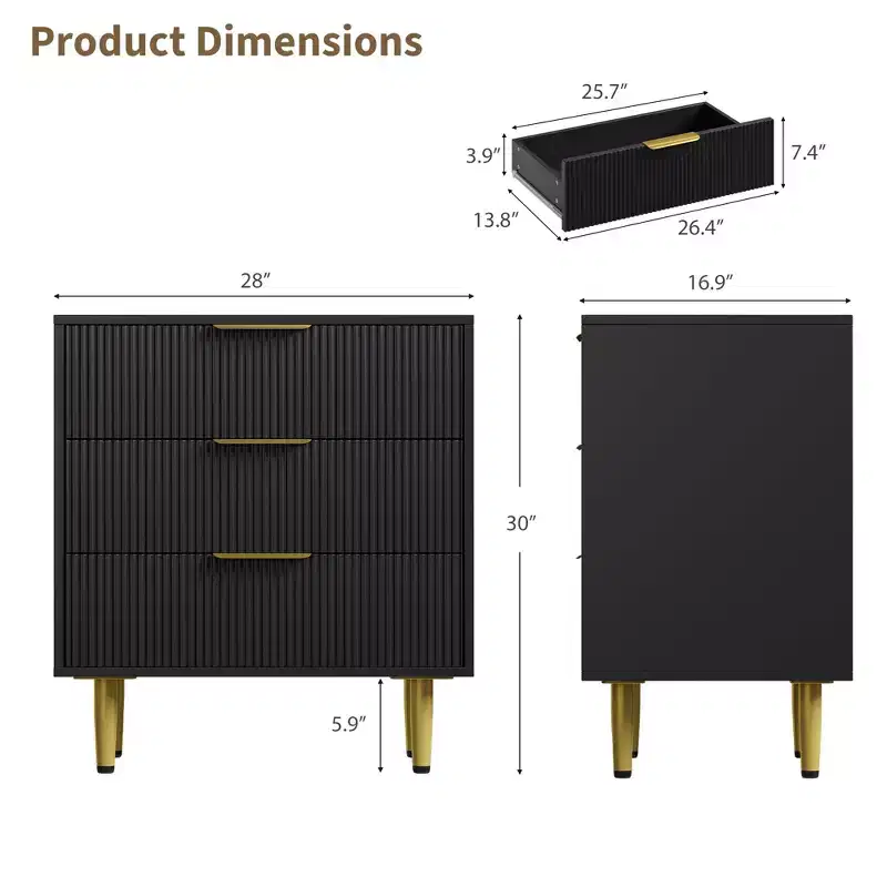 3 Drawer Dresser for Bedroom, 28W Fluted Chest of Drawers with Gold Handles, Wooden Dresser Narrow Nightstand, Clothes Storage Organizer for Bedroom