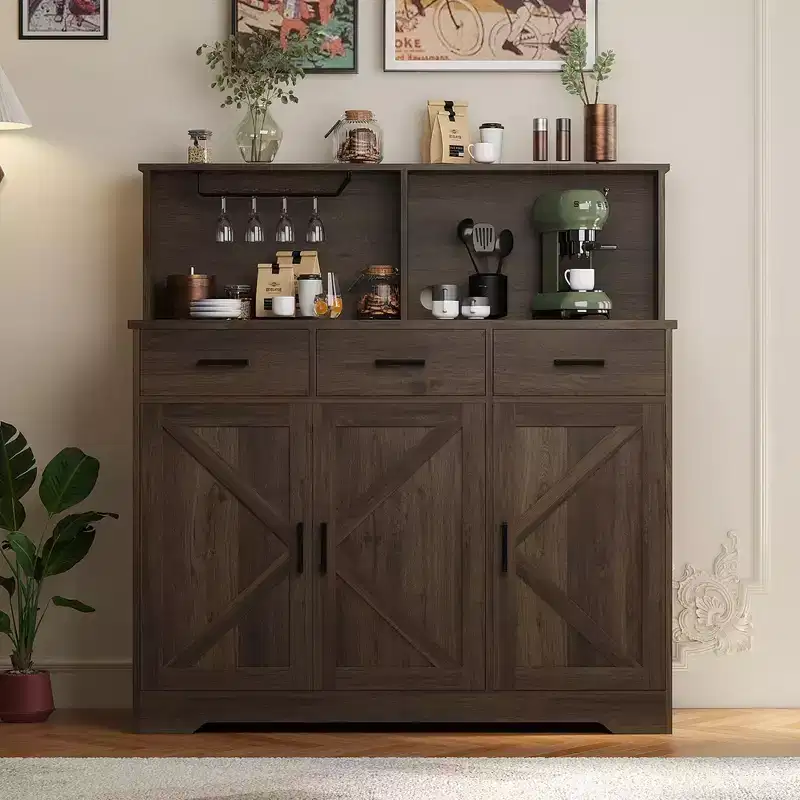 Farmhouse Sideboard Buffet with Microwave Stand, Barn Doors Buffet Storage Cabinet with Drawers and Shelves, Wood Coffee Bar Cabinet for Kitchen