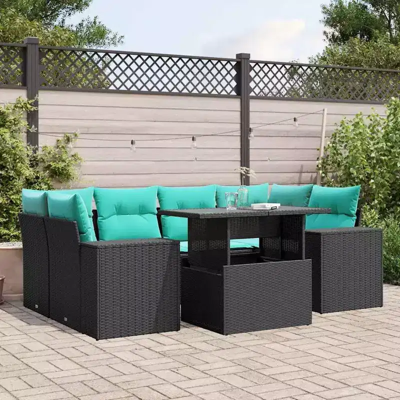 vidaXL Patio Sofa Set with Cushions Table and Couches 7 Piece Poly Rattan