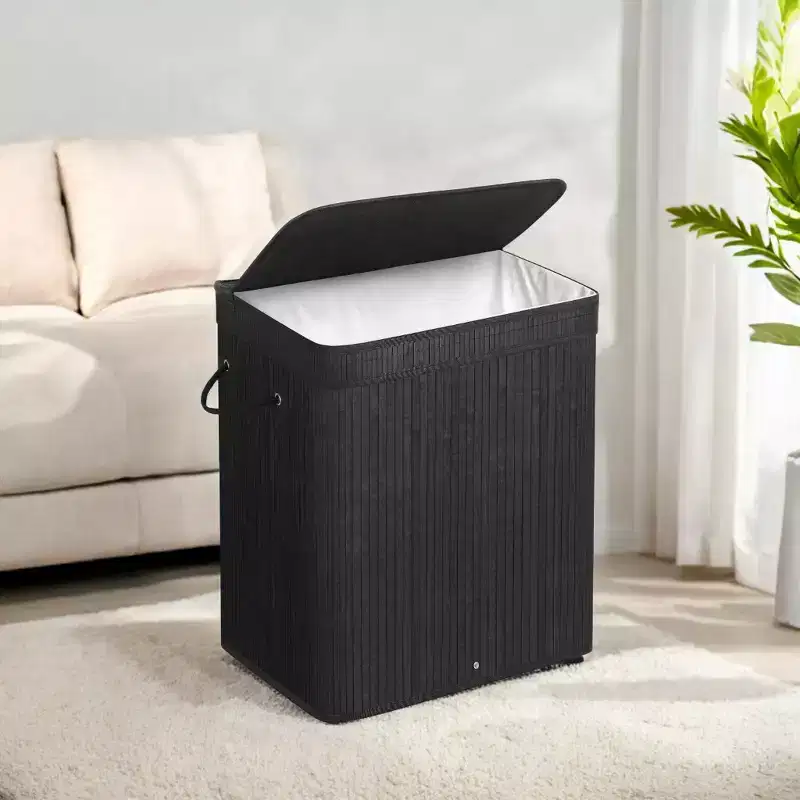 26.4-Gals Laundry Hamper Basket Bamboo Laundry Basket with Lid Removable Machine Washable Laundry Basket, with Handles Ink Black