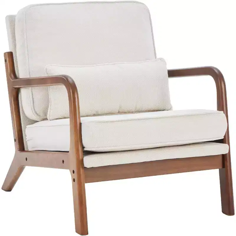 Mid-Century Modern Lounge Chair with Arms, Cream, Solid Wood Frame & Waist Cushion