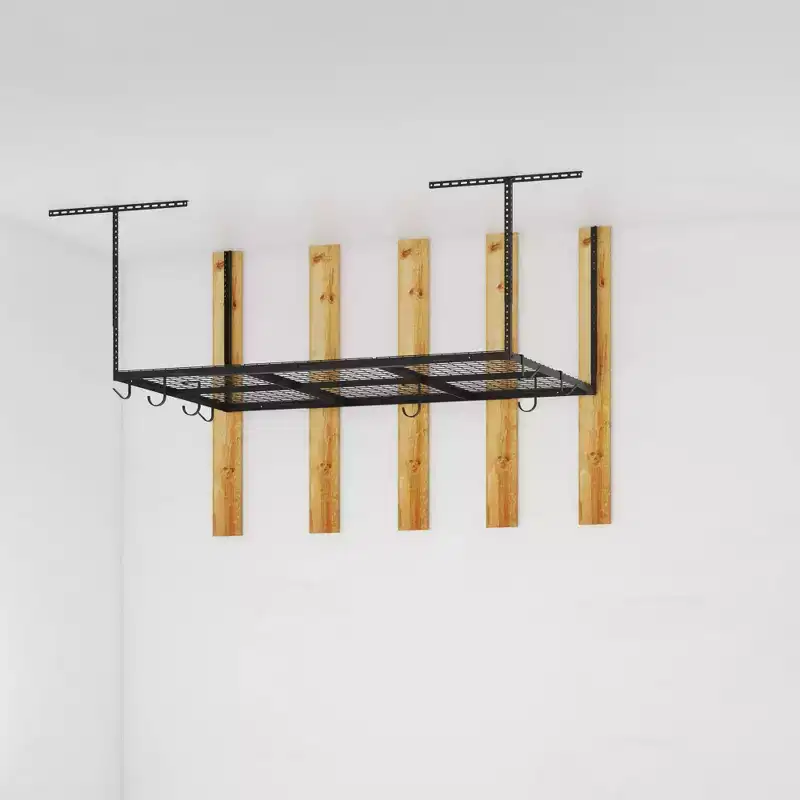 4'x6' Overhead Garage Ceiling Storage Rack with 8 Accessory Hooks, Black, 450 lb Capacity