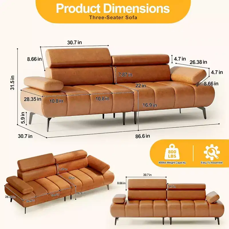 Acekool 86'' Futon Sofa Bed Couch, Convertible 3-Seater with Adjustable Backrest & Headrest, Faux Leather Sleeper, for Living Room, Sofa