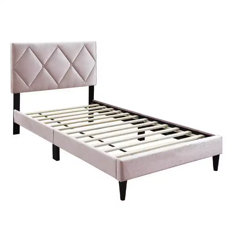 Full Bed with Tufted Light Pink Velvet Upholstery & Diamond Stitch Headboard