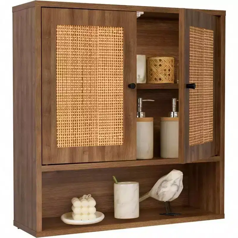Wall Cabinet Rattan Boho Chic Over Toilet Storage 3 - Tier Wall Mount Double - Door Bathroom Kitchen Dining Room Living Room