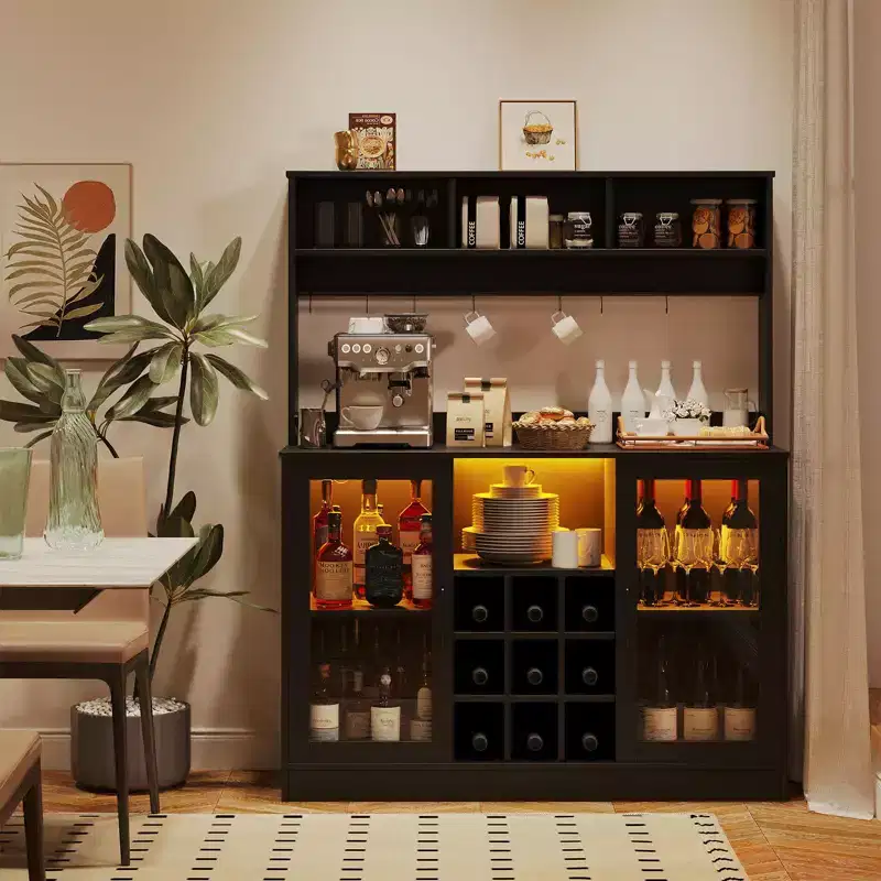 Industrial Side Table with Charging Station, Retro End Table with Wine Rack