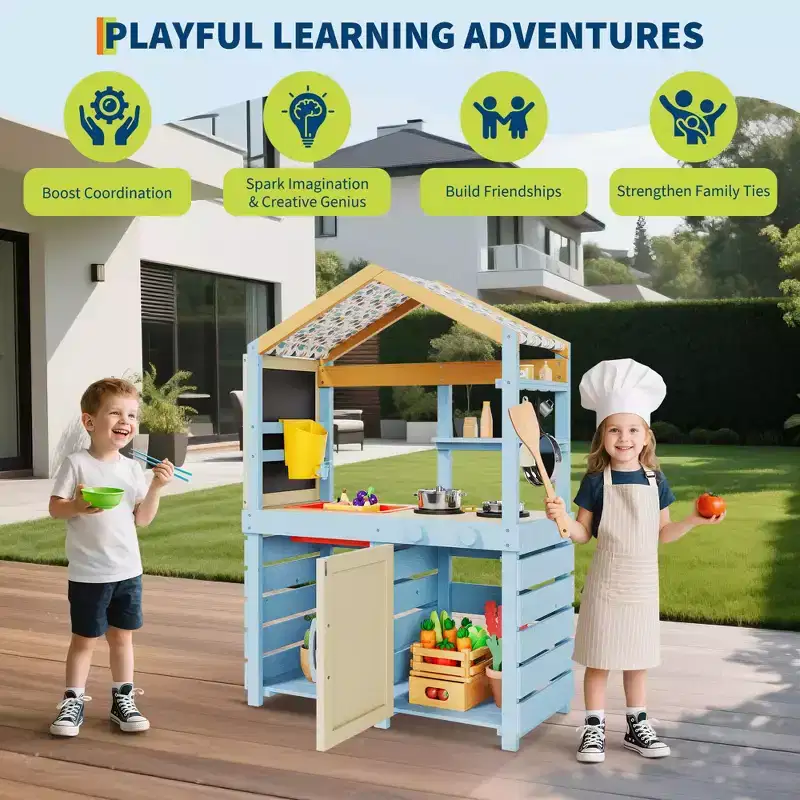 Mud Kitchen for Kids Outdoor, Wooden Play Kitchen with Canopy, Faucet, Sink, Chalkboard, Hanging Hooks, Gifts for Boys and Girls Ages 3+