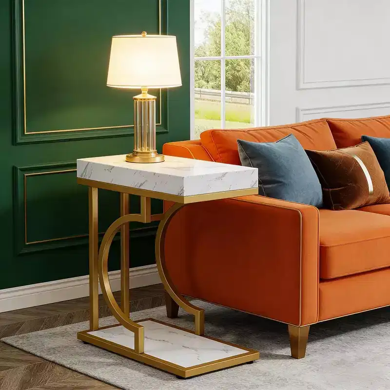 Narrow C-Shape End Table with Faux Marble Top & Metal Frame – 23.64