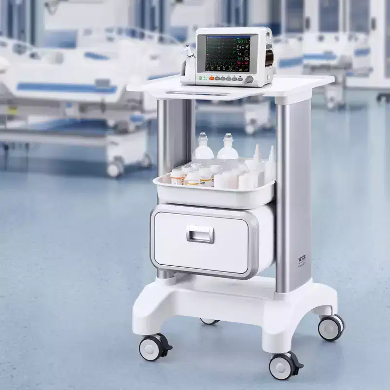 2-Tier Lab Utility Cart with 1 Drawer & Top Tray, ABS Mobile Medical Rolling Cart, 110 lb Cap