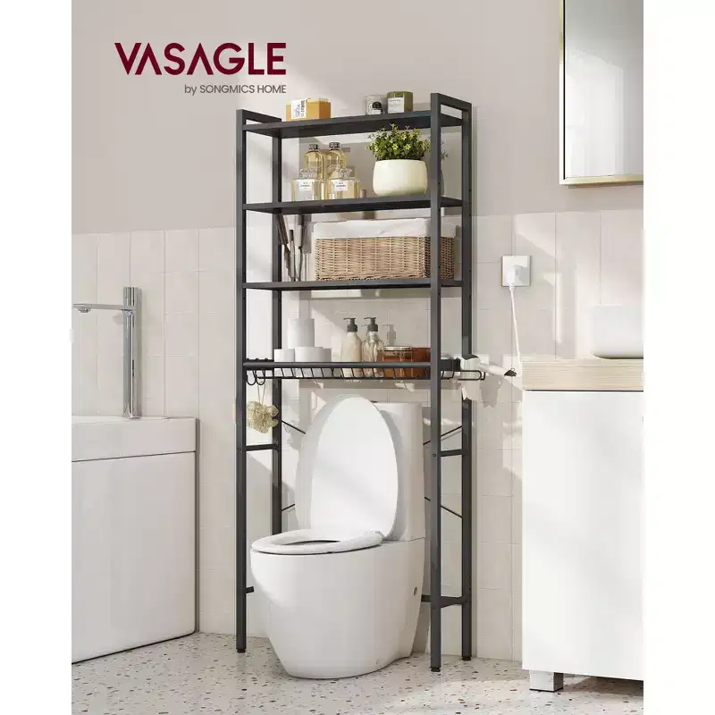 Over the Toilet Storage Organizer with Adjustable Shelves, Basket, Hair Dryer Holder & 3 Hooks