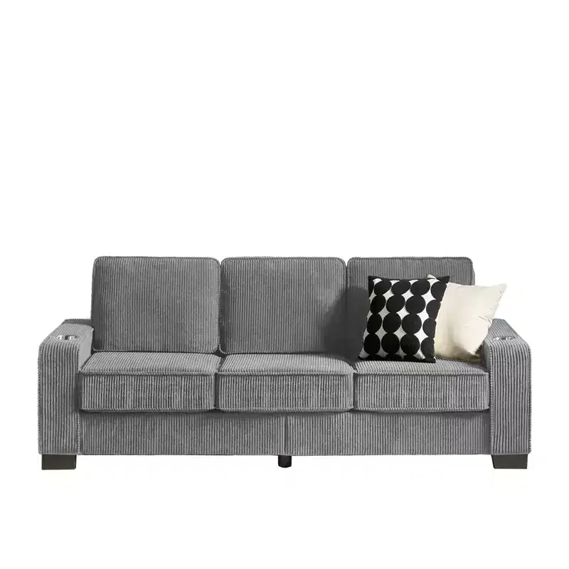 83.86 Inch Modern Corduroy Couch, 3-Seater Sofa with 2 Cup Holders for Living Room, Bedroom, Office and Apartment, Gray