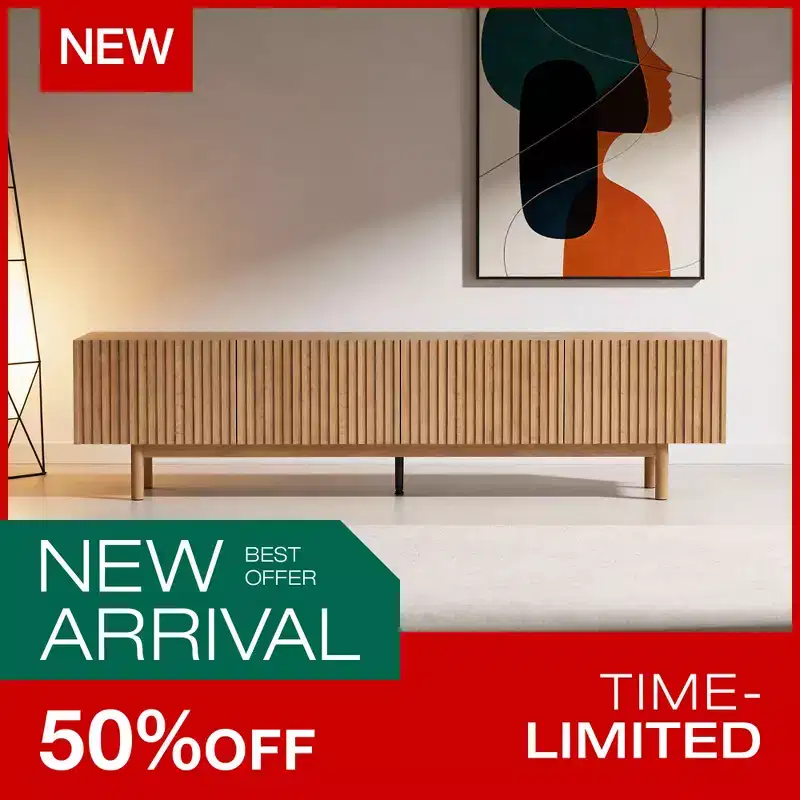Luck Live Farmhouse Style 86.61 Fluted Media Console TV Stand with Layered Storage, Removable Shelves & Solid Wood Legs
