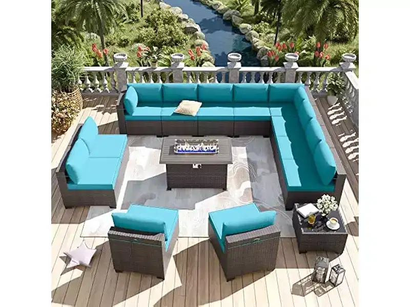ALAULM 14 Pieces Patio Furniture Set, Rattan Wicker Outdoor Conversation Sets, Furniture Sofa Set w/43in Propane Fire Pit Table