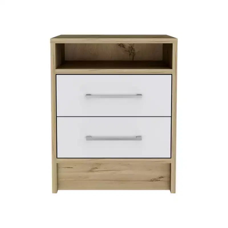 This  Nightstand , End Table, Side Table Superior Top, Two Drawers -White / Light Oak combines contemporary style with smart storage.