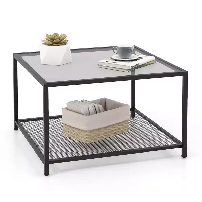 Glass Coffee Table 27.5 Inch 2-Tier Square with Mesh Shelf Living Room Grey/Transparent