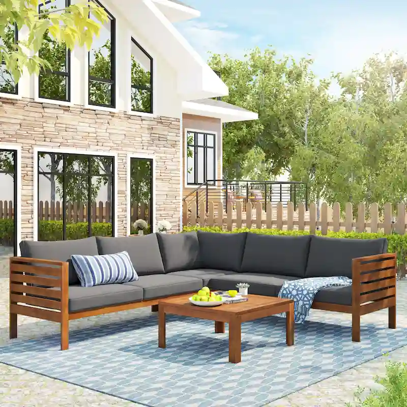 4-Piece Acacia Wood L-Shaped Sectional Sofa Set with Table