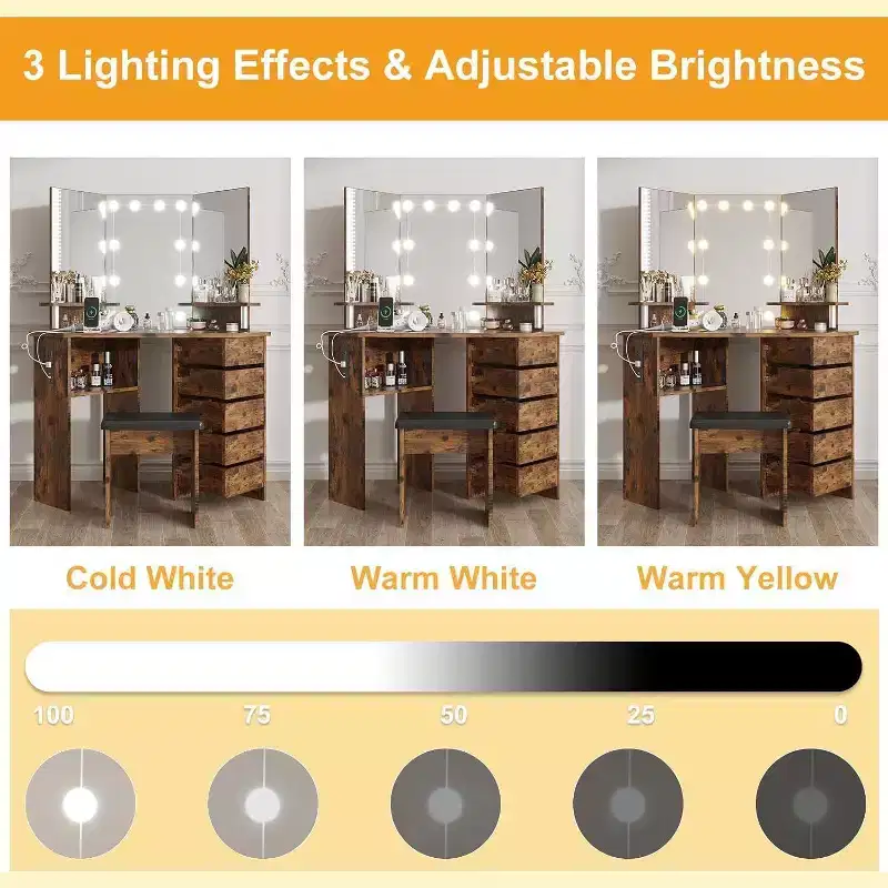 Makeup Vanity Desk - Vanity Desk Set with Lights & Power Outlet Corner Vanity Table with 5 Rotating Drawers