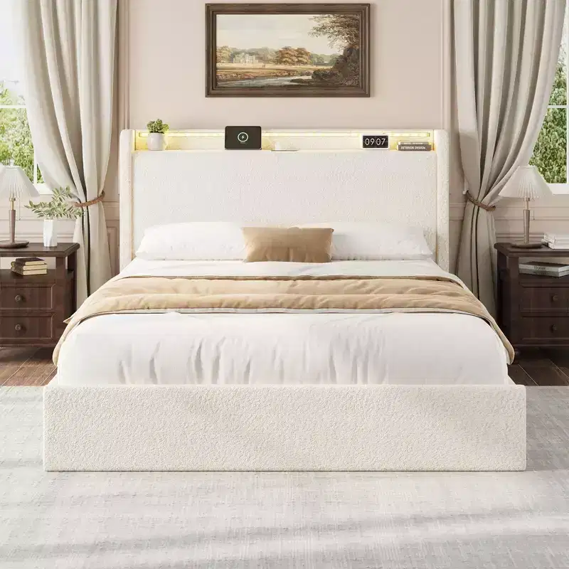 Boucle Bed Frame with Storage Headboard - Charging Station, LED Lights, Upholstered Platform Bed Frame with 4 Storage Drawers