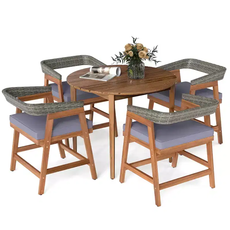 Costway 5 Piece Patio Dining Set Outdoor Solid Wood Furniture with Rattan Backrest