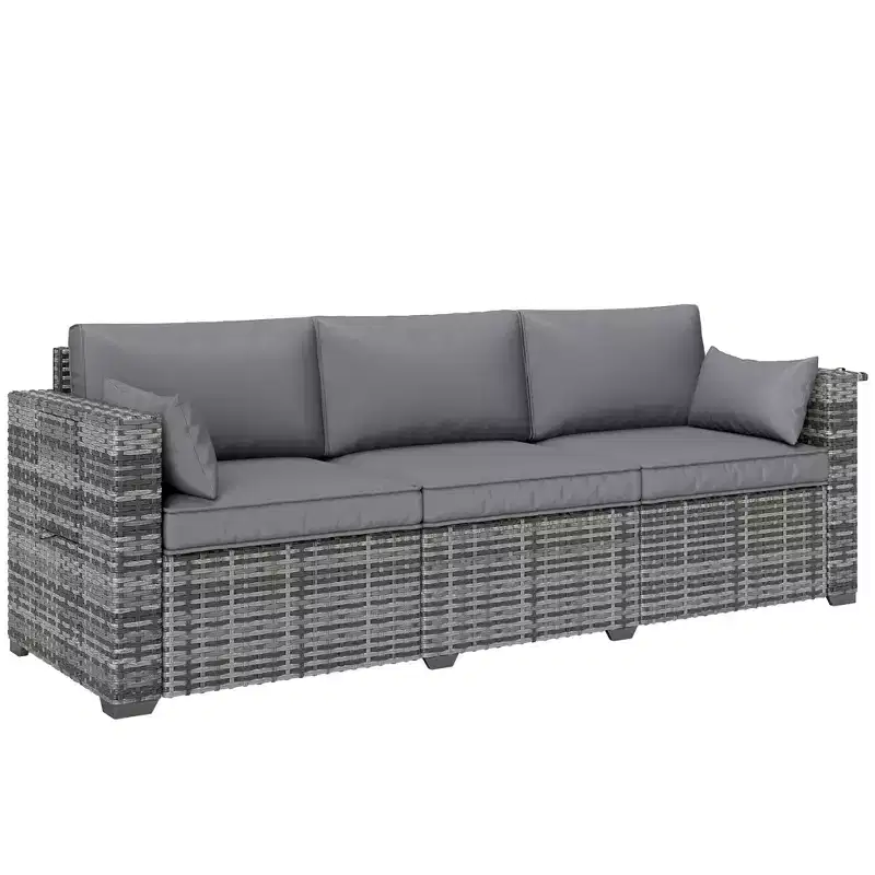 3 Seater Wicker Sofa with Side Trays, Outdoor Patio Couch with 6 Thick Back Cushions, Deep Seating