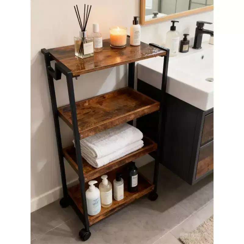 Foldable Rolling Cart with Locking Wheel, 4 Tier Wooden Storage Shelf Cart, Expandable Kitchen Organizer Rack, 100 Lbs Loading Garage Shelving