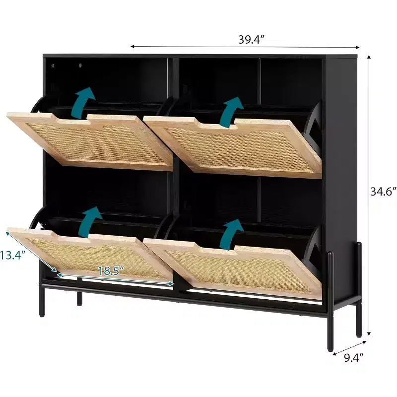 Freestanding Rattan Shoe Cabinet with 4 Flip Drawers, Slim Space-Saving Storage for Entryway