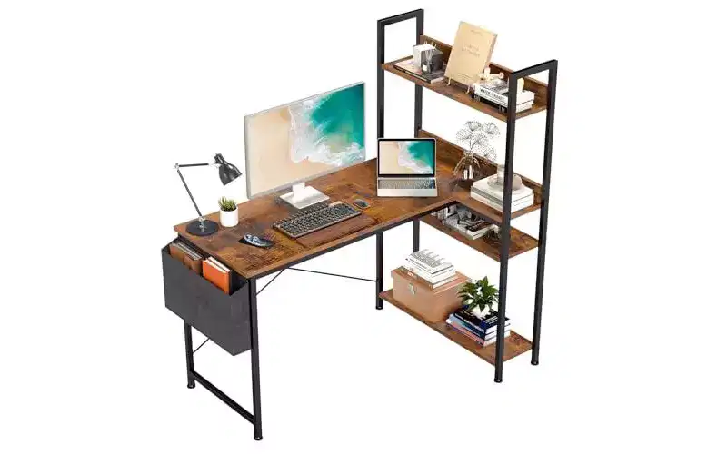 Modern Reversible L-shaped Computer Desk with Standing Adjustable Bookshelf, Teens Student Storage Writing Desk for Study, Office