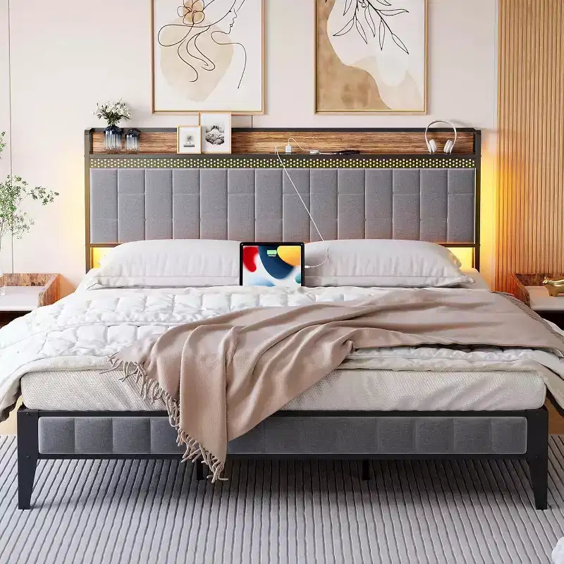 Platform Bed Frame with Storage Headboard, USB Charging Station, LED Lighting and Under-Bed Storage, No Box Spring Required, Heavy-Duty Support