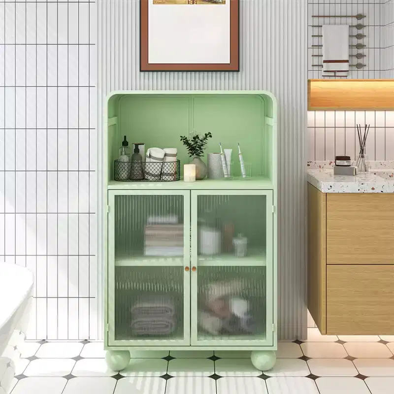 Bathroom Floor Storage Cabinet, Wooden Kitchen Cupboard with Glass Doors, Freestanding Display Storage Cabinet for Bathroom Living Room Entryway