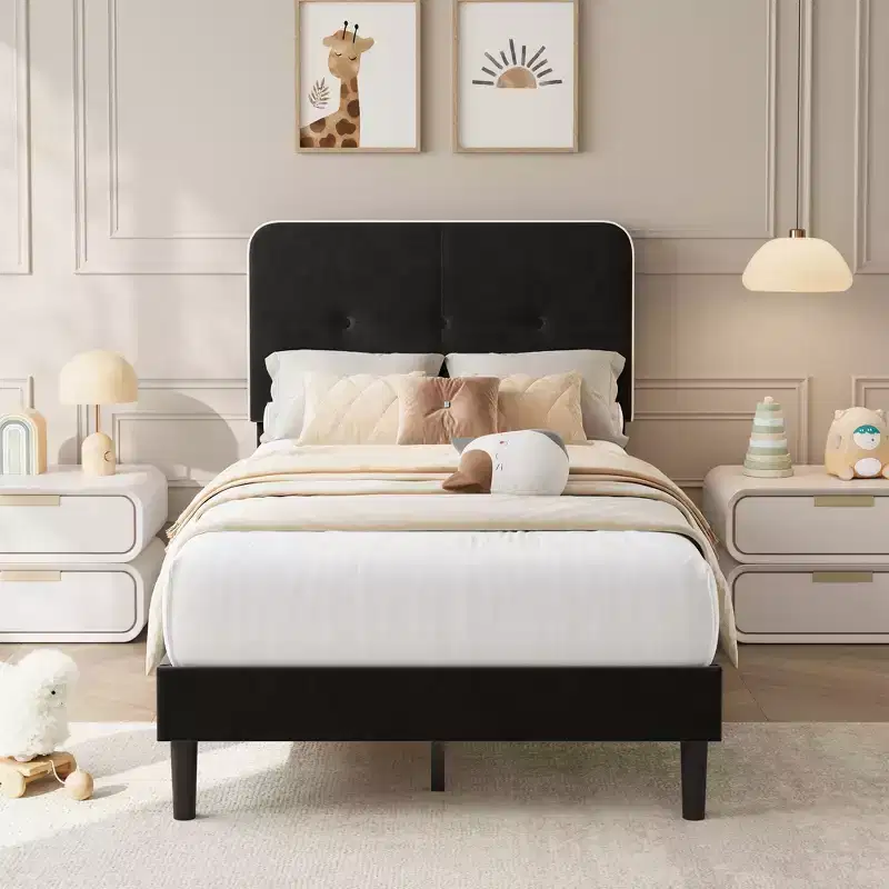Garvee Twin-XL Velvet Bed Frame, Upholstered Platform Bed Frames with Adjustable Headboard, Sturdy Metal Support, Easy Assembly