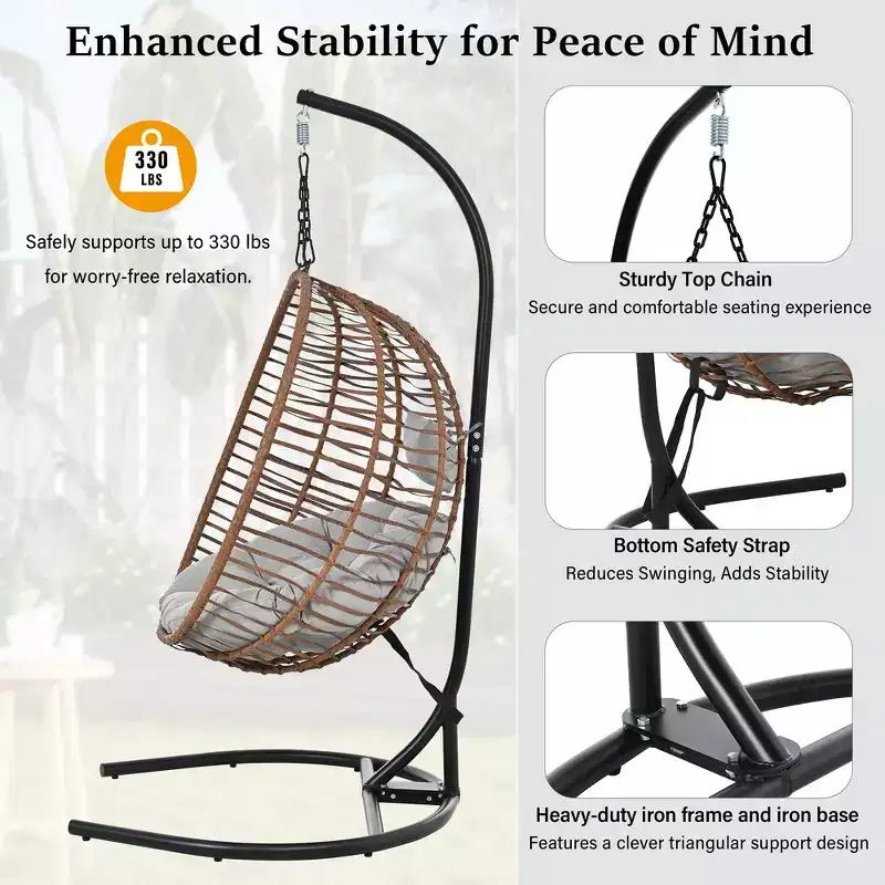 Whisen Single Person Folding Egg Chair with Stand, Hammock Swing Chair with Adjustable Anti-Slip Feet