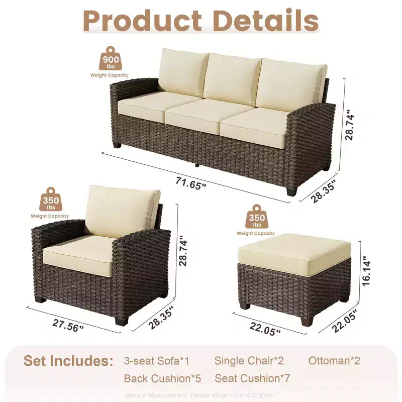 HOMLUX 4-Season Outdoor Patio Sofa Set - 3+2+2 Seating, All-Weather, Weatherproof for Yard