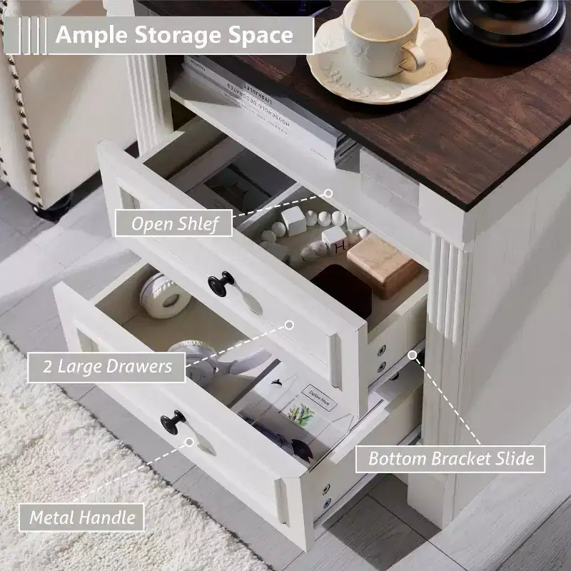 26 Nightstand with Charging, 23.6 Farmhouse Table Open Shelf & 2 Drawers