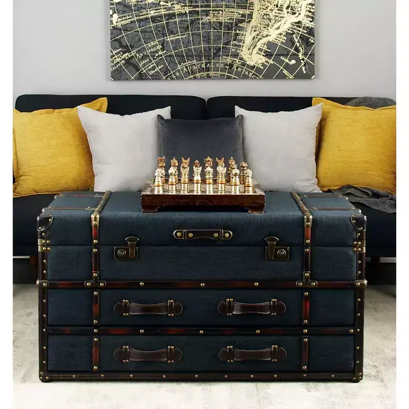Traditional Linen and Wood Coffee Table Dark Blue - Olivia & May