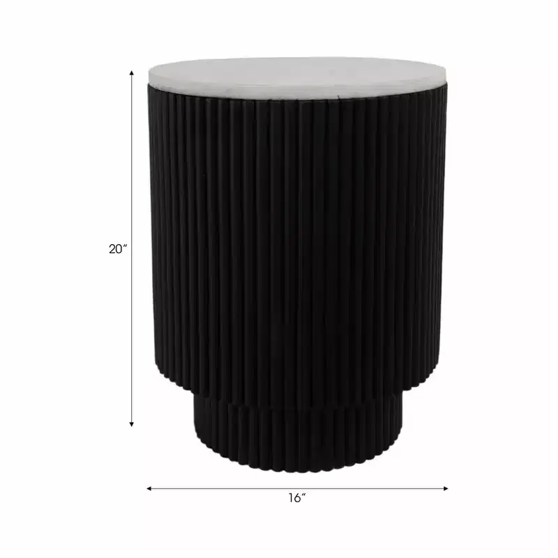 Side Table with Fluted Black Base and White Marble Top - Modern Accent Piece for Small Spaces and Home Decor