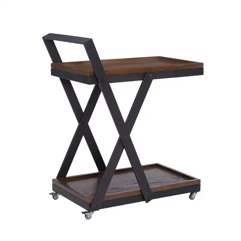 Rustic Farmhouse Bar Cart - Dark Umber Wood & Gunmetal, 4 Casters, 2 Fixed Shelves