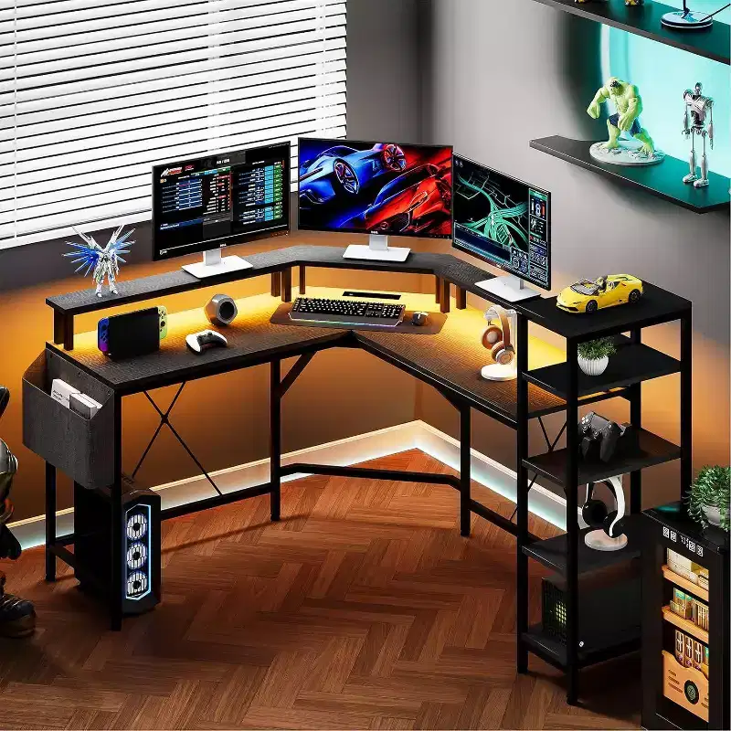 Acekool 62 L-Shaped Computer Desk with Power Outlets, LED Lights, Monitor Stand & Storage Shelves, Ergonomic Corner Desk for Home Office