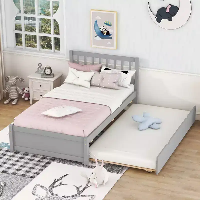 Bellemave Twin Size Bed Frame with Trundle,Wood Platform Bed with Headboard,Twin Bed Frames for Kids,Teens,Adults,No Spring Needed, Grey